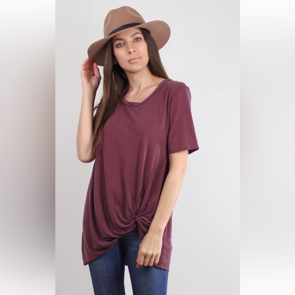 Long Dusty Burgundy Kelley Knot Twist-Front Top